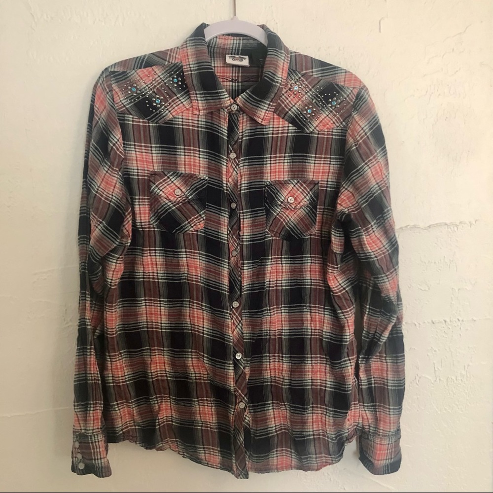 Harley Davidson Women’s Studded Jewels Western Biker Snap Front Shirt Logo Back